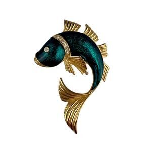 SAL Swarovski Vintage Gold Tone Green Enamel Fish Brooch Clear Crystals